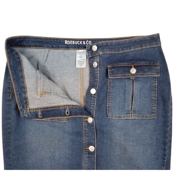 SEARS ROEBUCK & CO Button-Front Frayed Hem Blue Denim Jean Skirt - Picture 3 of 4